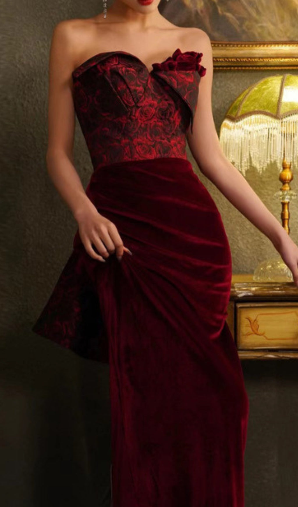 Chainey Wine Flower Velvet Maxi Dress