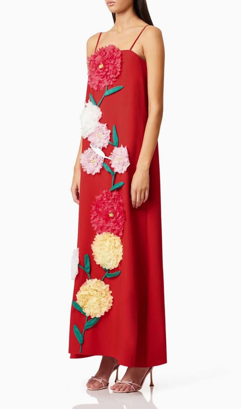 Erica Vibrant Red Strappy 3D Floral Maxi Dress