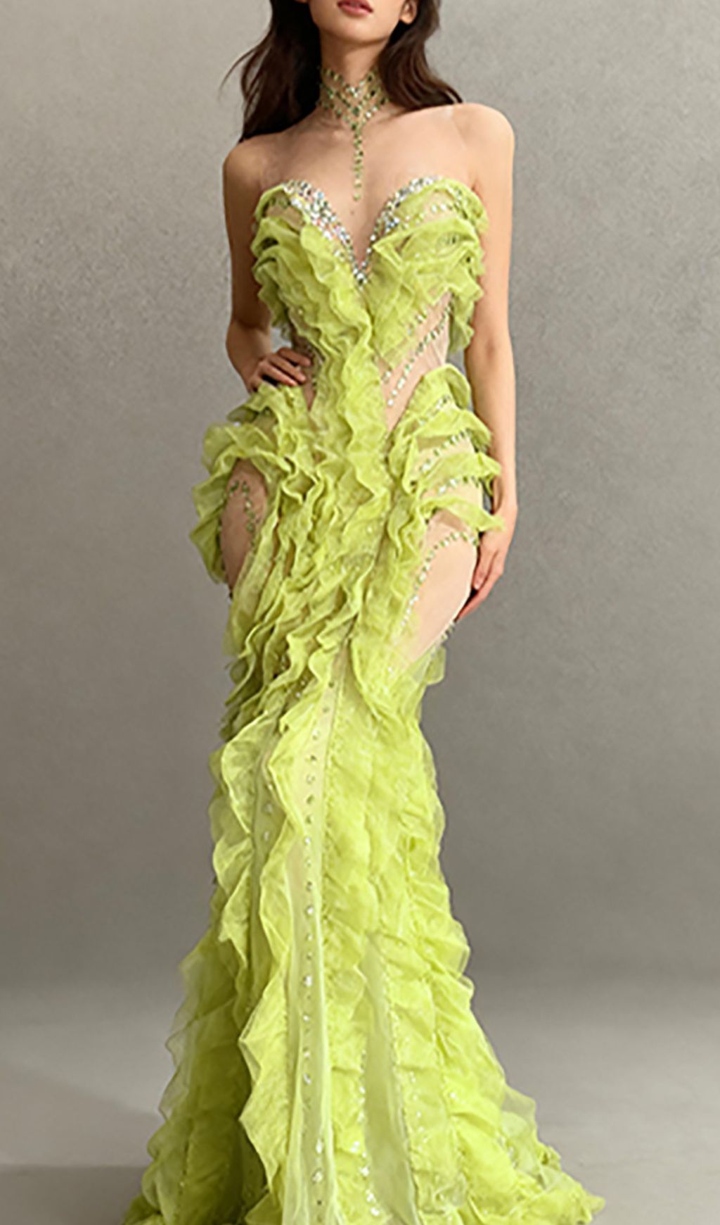 Jaela Yellow Diamante Ruffle Maxi Dress - Glamorous Strapless Gala Gown