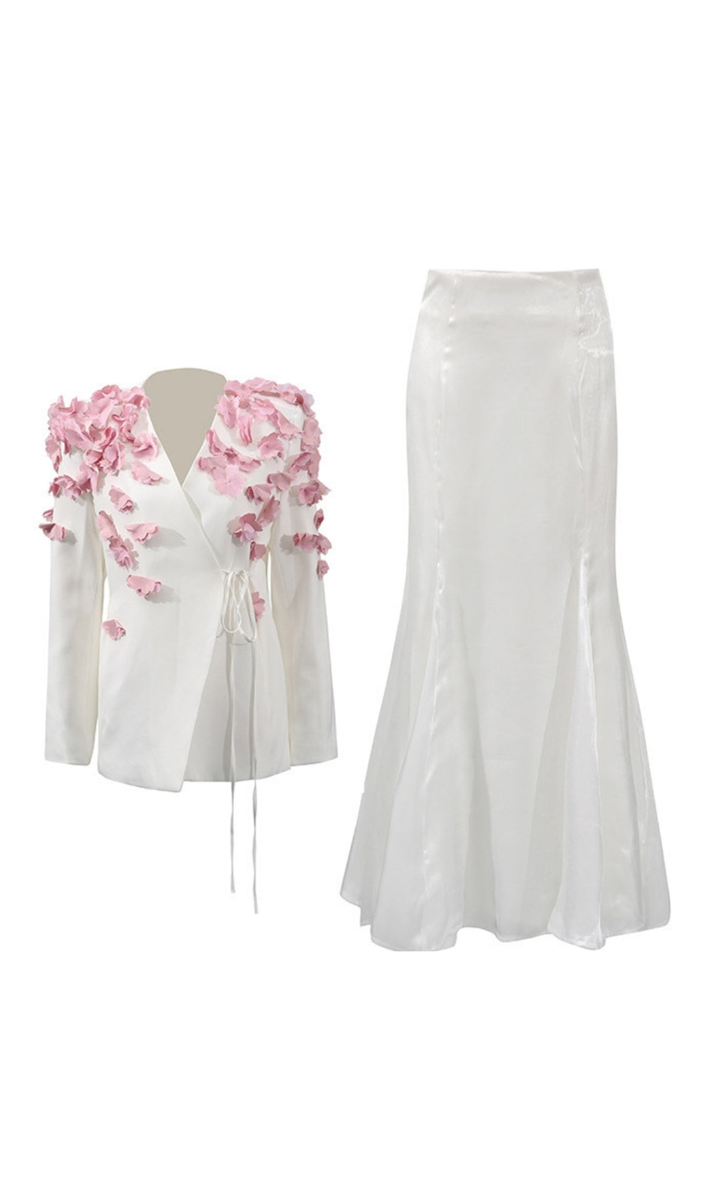 Feo White Flower Embellished Blazer & Midi Skirt