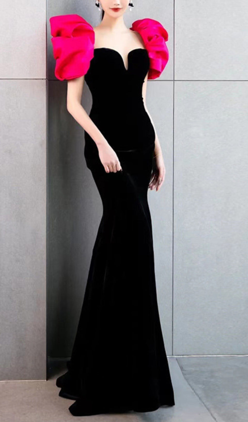 Red Puff Sleeve Black Maxi Dress