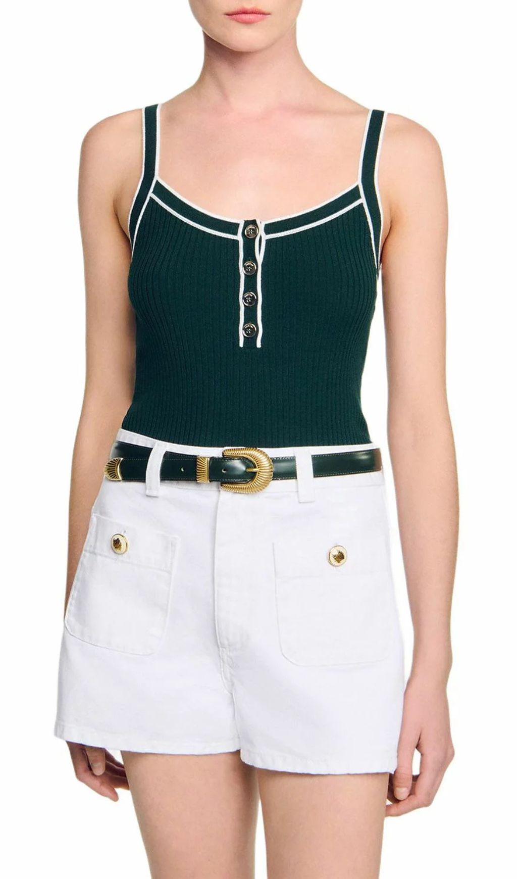 Chic Ribbed Knit Button-Front Tank Top with Contrast Trim
