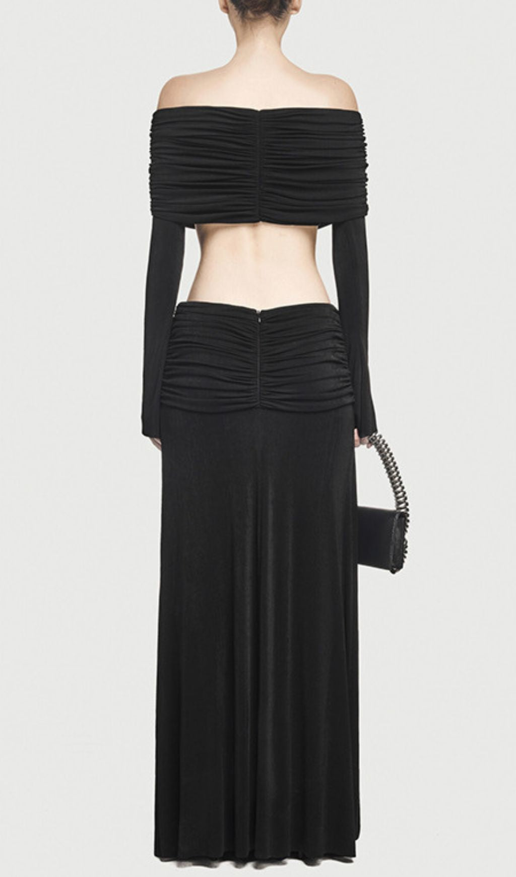Jamuna Elegant Ruched Two-Piece Maxi Skirt Set - Off-Shoulder Crop Top
