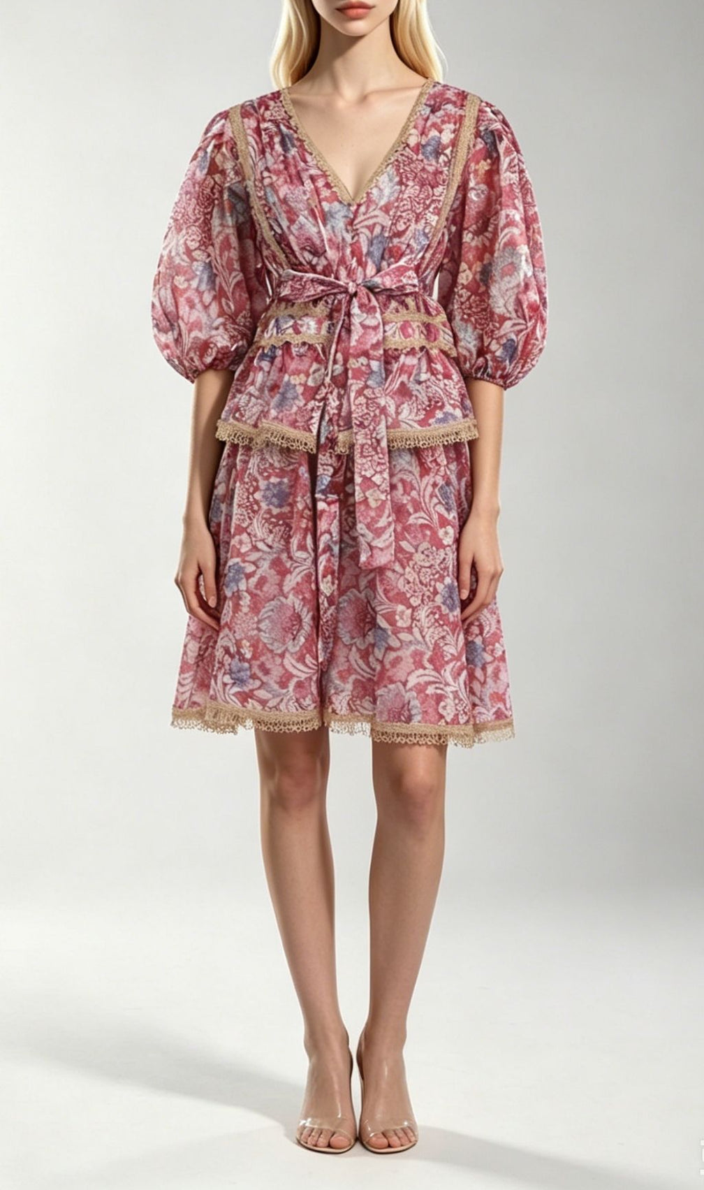 Kirra Red V-Neck  Printed Puff Sleeve Midi Dress
