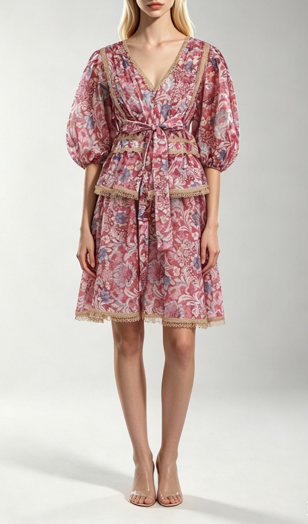 Kirra Red V-Neck  Printed Puff Sleeve Midi Dress