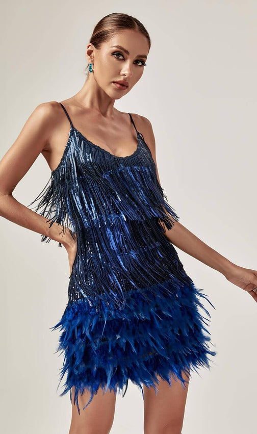 Tassel Feather Mini Dress In Royal Blue