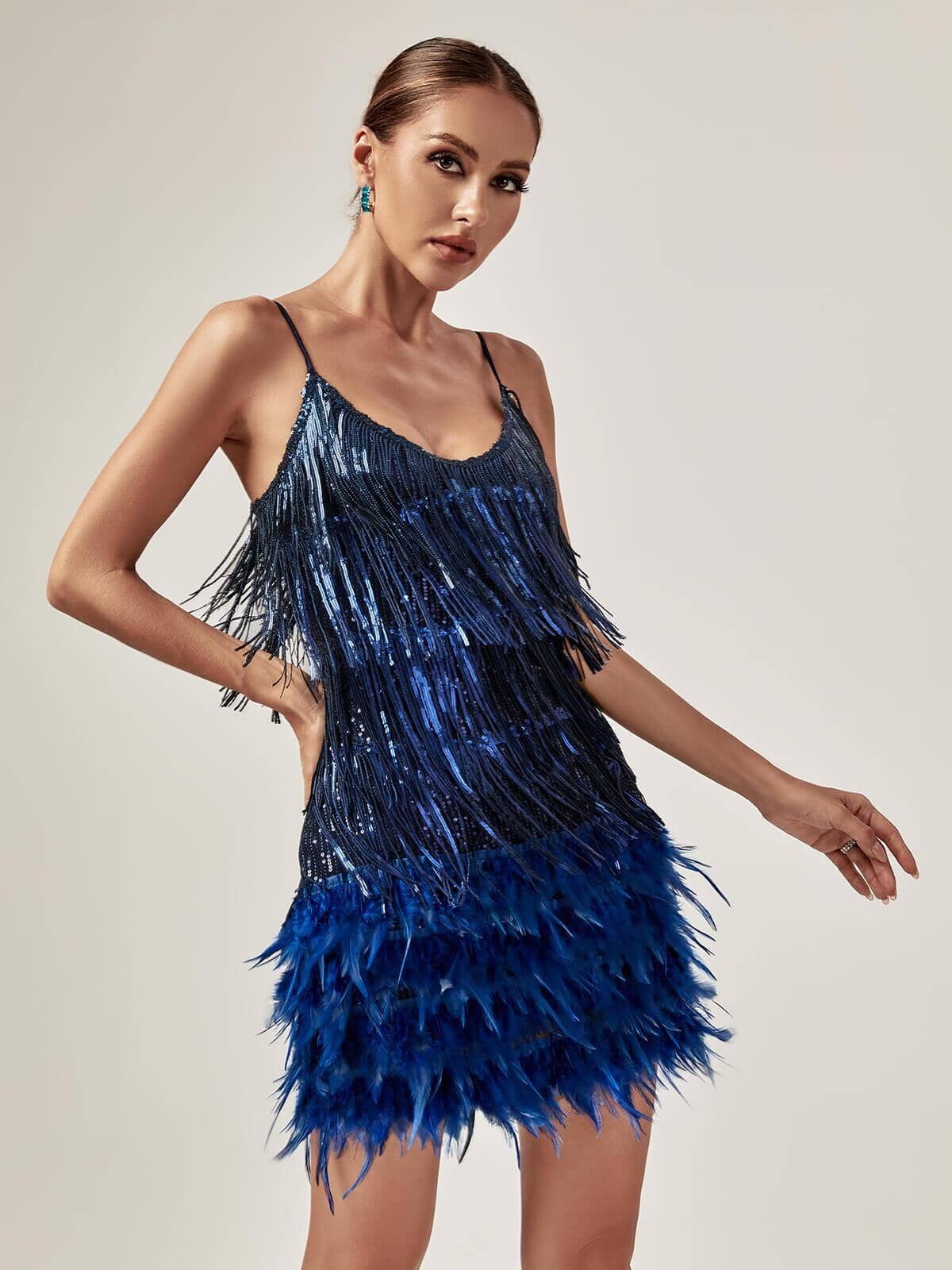 Tassel Feather Mini Dress In Royal Blue