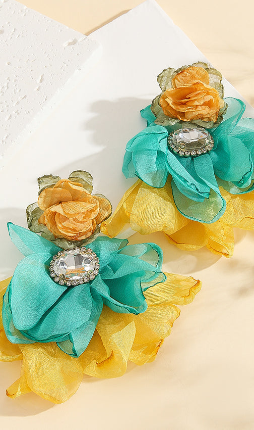 Cyrene Chic Pink Floral Statement Dangle Earrings with Sparkle