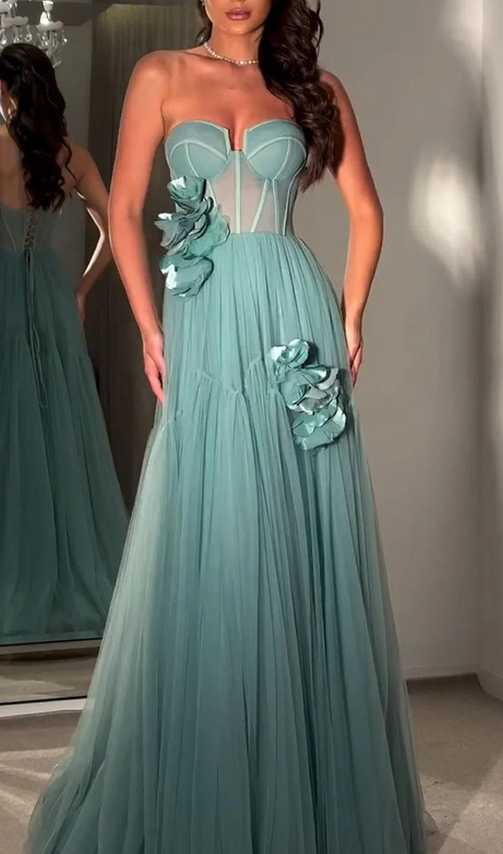 Blanca Blue Strapless Flower Corset Maxi Dress