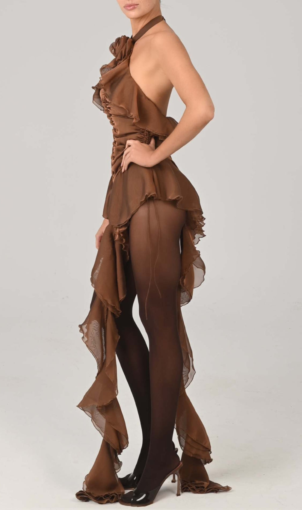 Estelle Brown Flower Halter Ruched Ruffle Mini Dress