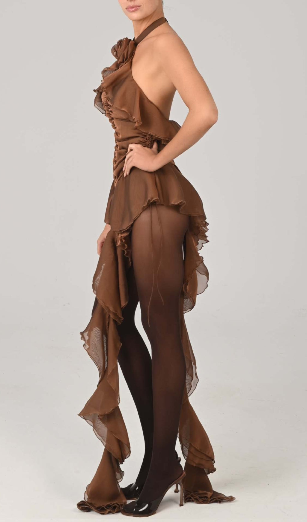 Estelle Brown Flower Halter Ruched Ruffle Mini Dress