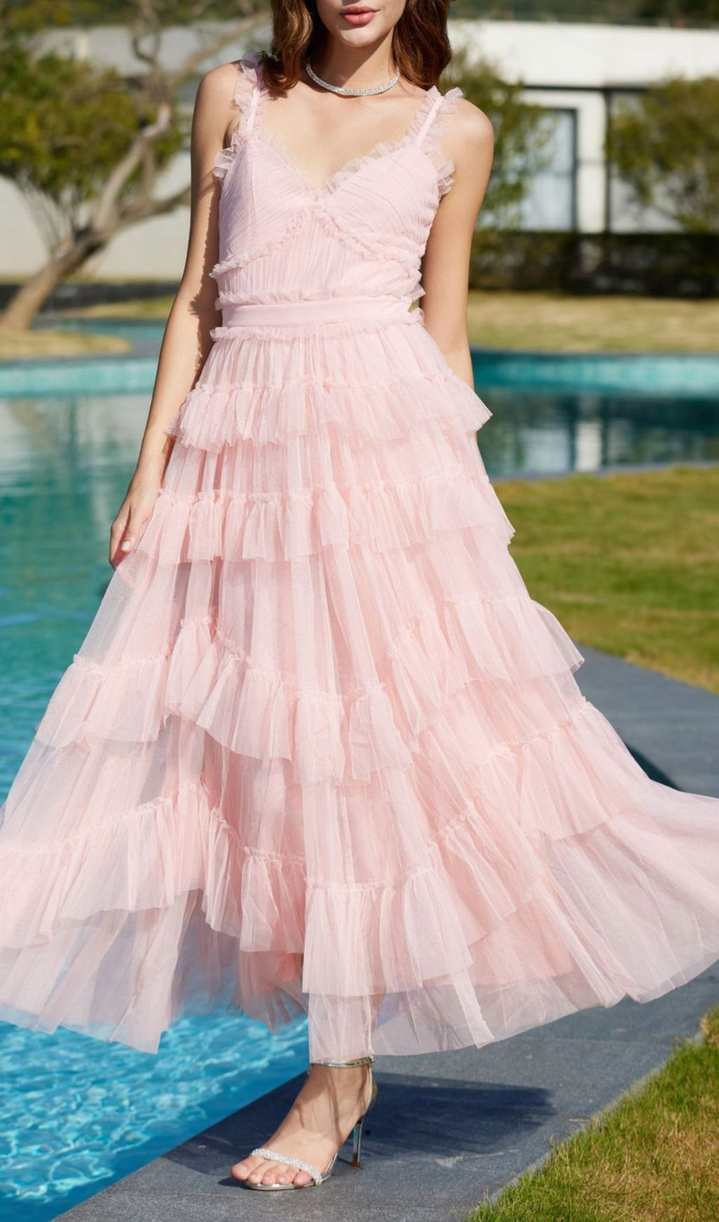 Pink Ruffle V Neck Sleeveless Tiered Tulle Maxi Dress