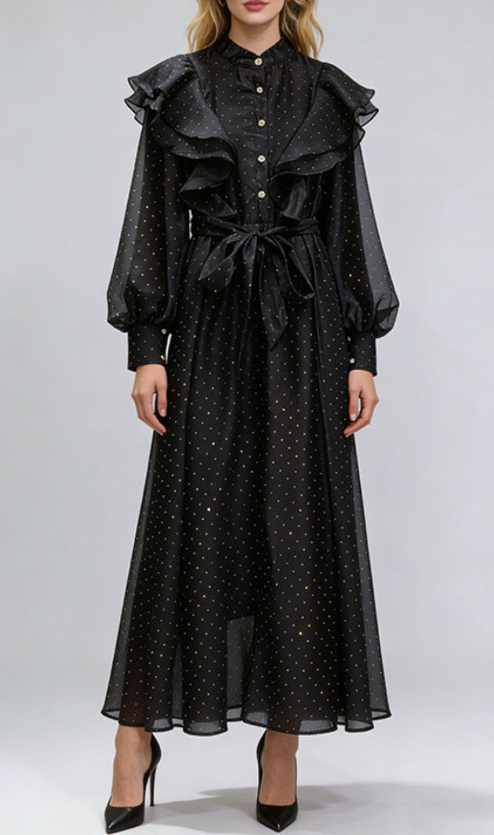 Jolanda Sparkle Ruffle Maxi Dress - Elegant Long Sleeve Gown