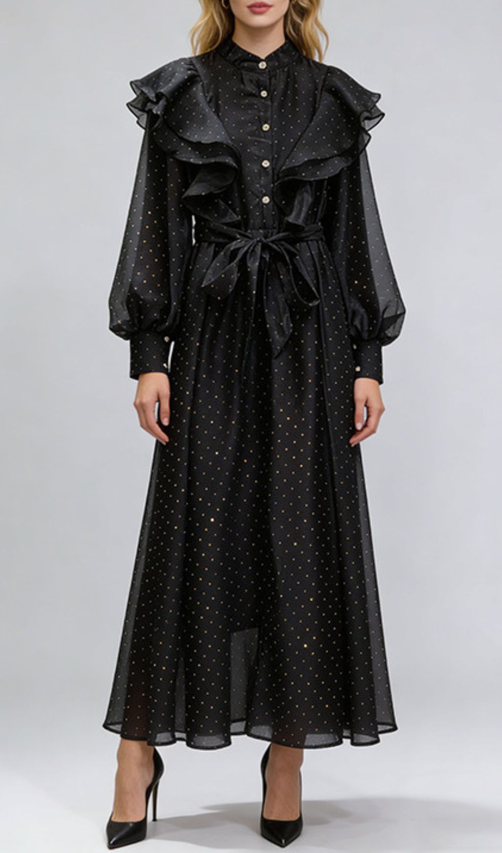 Jolanda Sparkle Ruffle Maxi Dress - Elegant Long Sleeve Gown