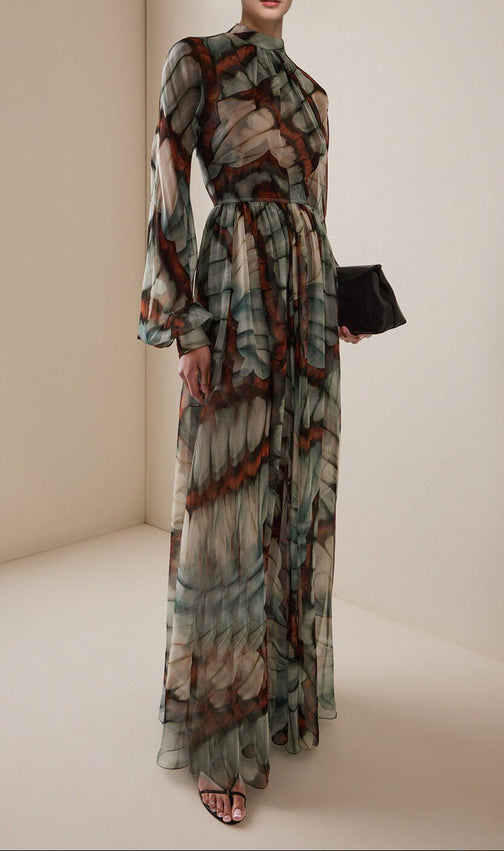 Ethereal Butterfly Print Chiffon Maxi Dress - High Neck & Flowy Sleeves