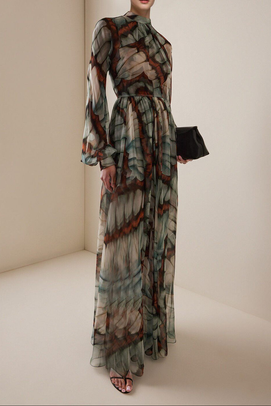 Ethereal Butterfly Print Chiffon Maxi Dress - High Neck & Flowy Sleeves