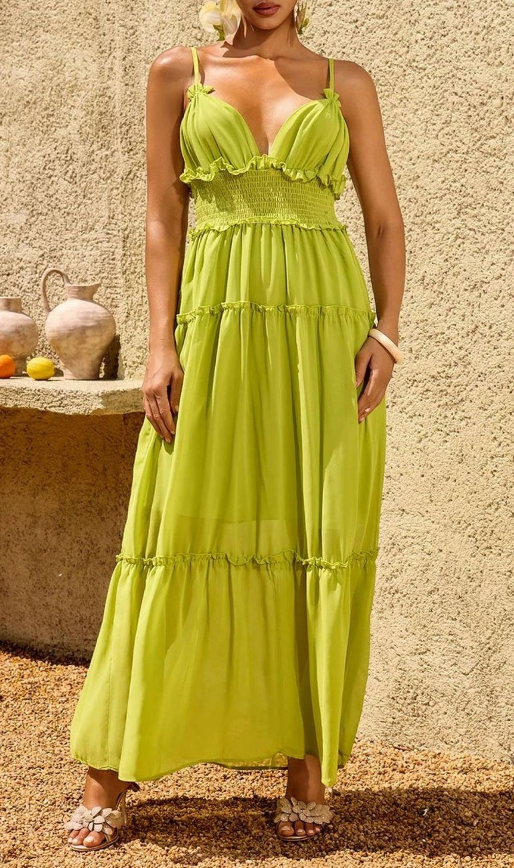 Saelvion Spaghetti Maxi Dress In Chartreuse
