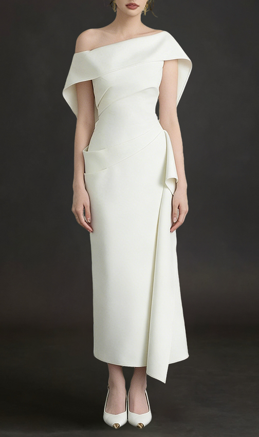 Arene Elegant White Off-Shoulder Asymmetrical Midi Dress | Formal Event Gown