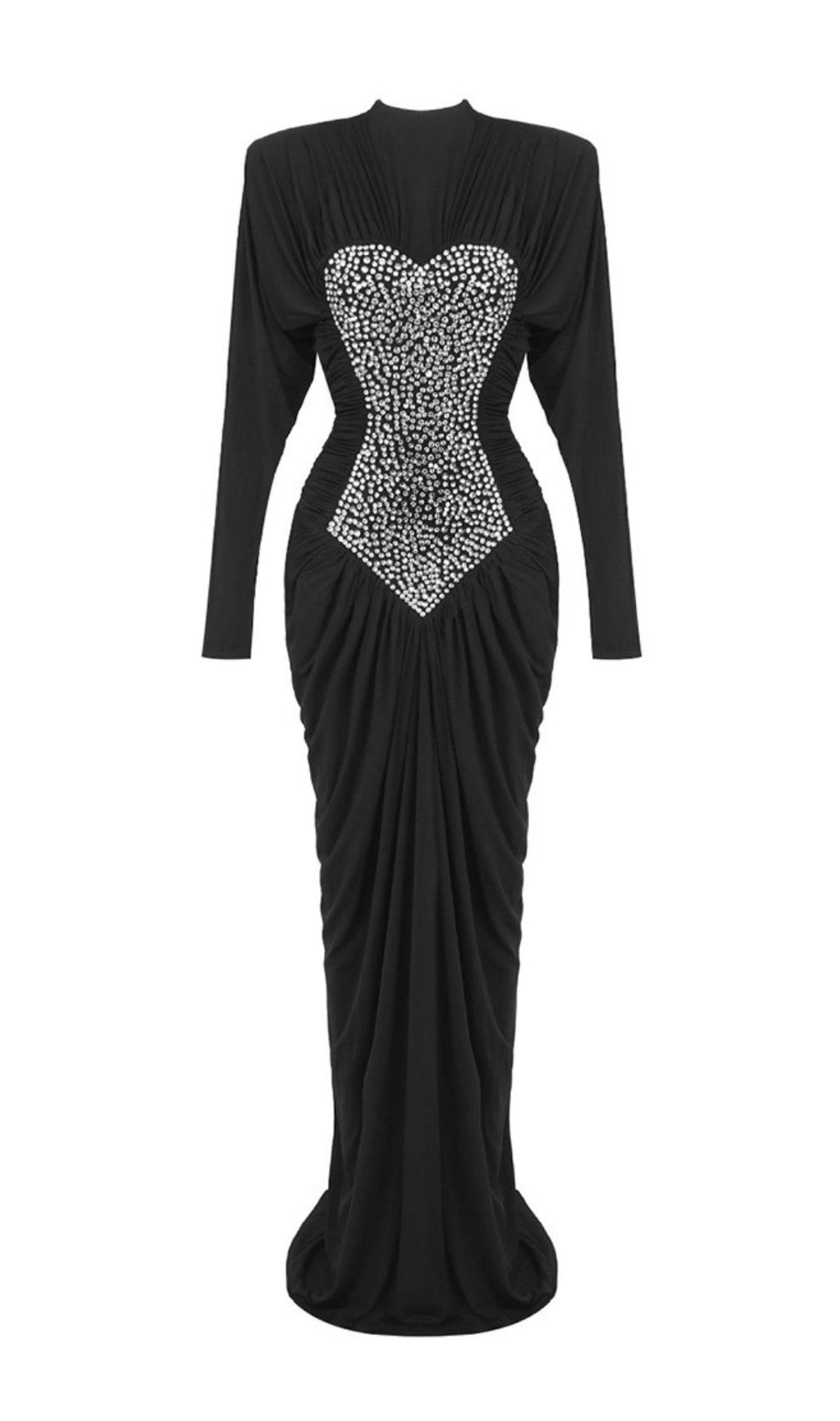 Katalina Black Diamante Sparkle Ruched Maxi Dress | Elegant Long Sleeve Gown