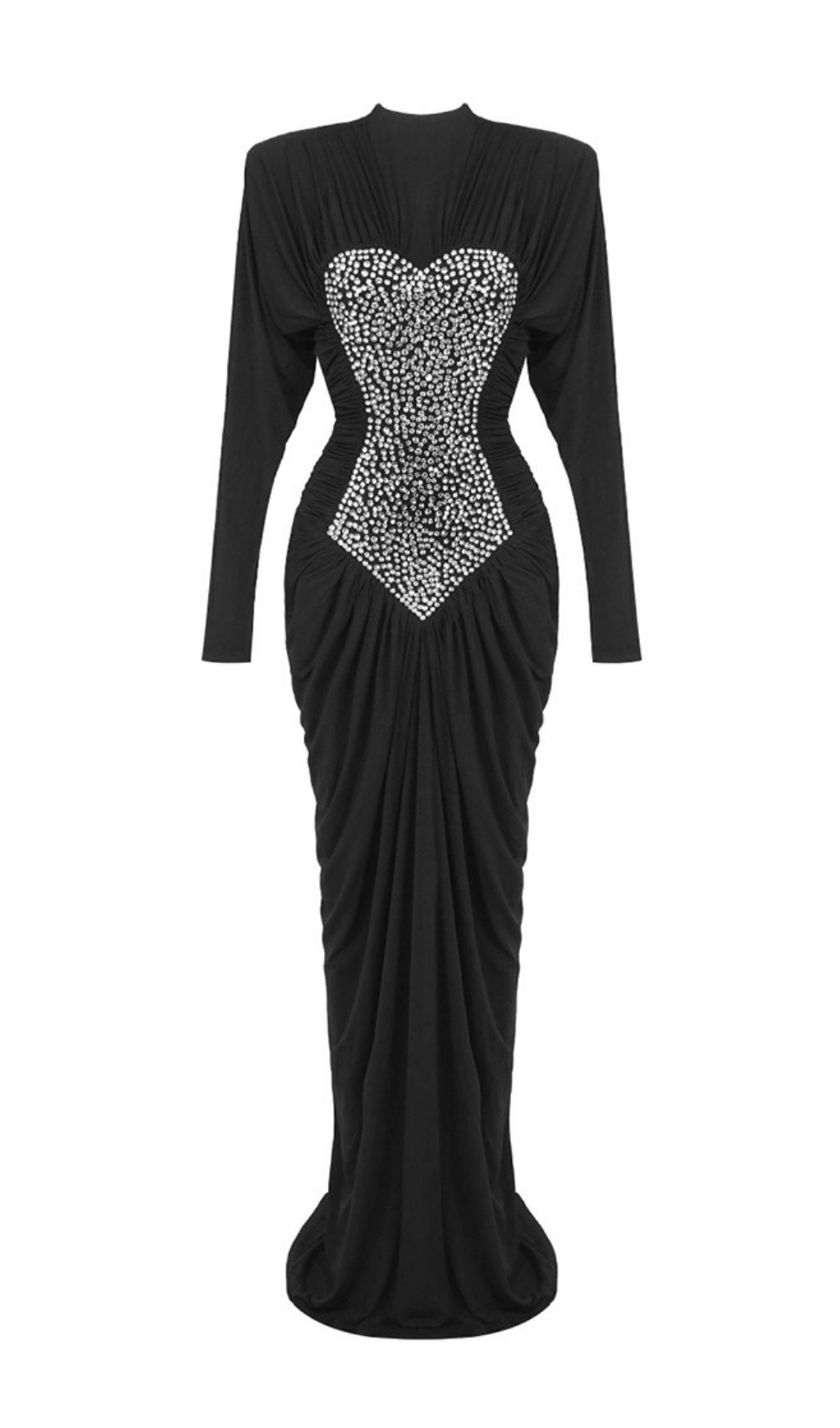 Katalina Black Diamante Sparkle Ruched Maxi Dress | Elegant Long Sleeve Gown