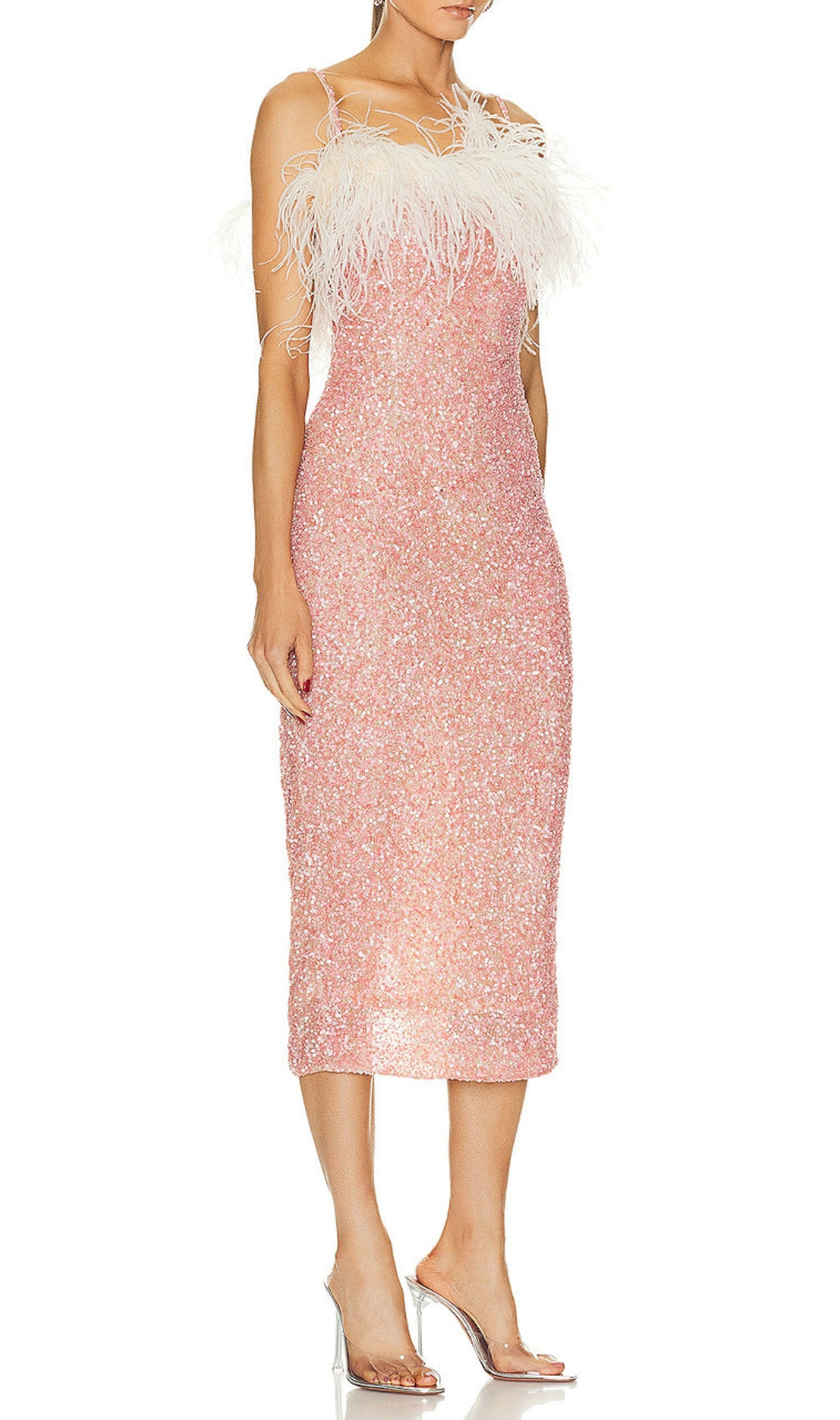 Aleka Pink Sequin Feather Midi Dress