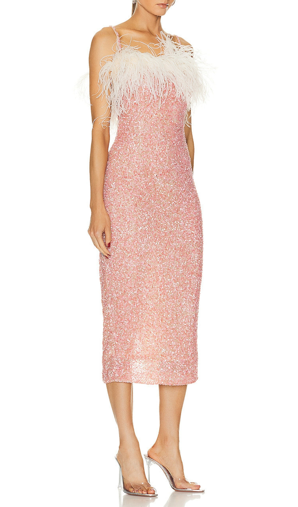 Aleka Pink Sequin Feather Midi Dress