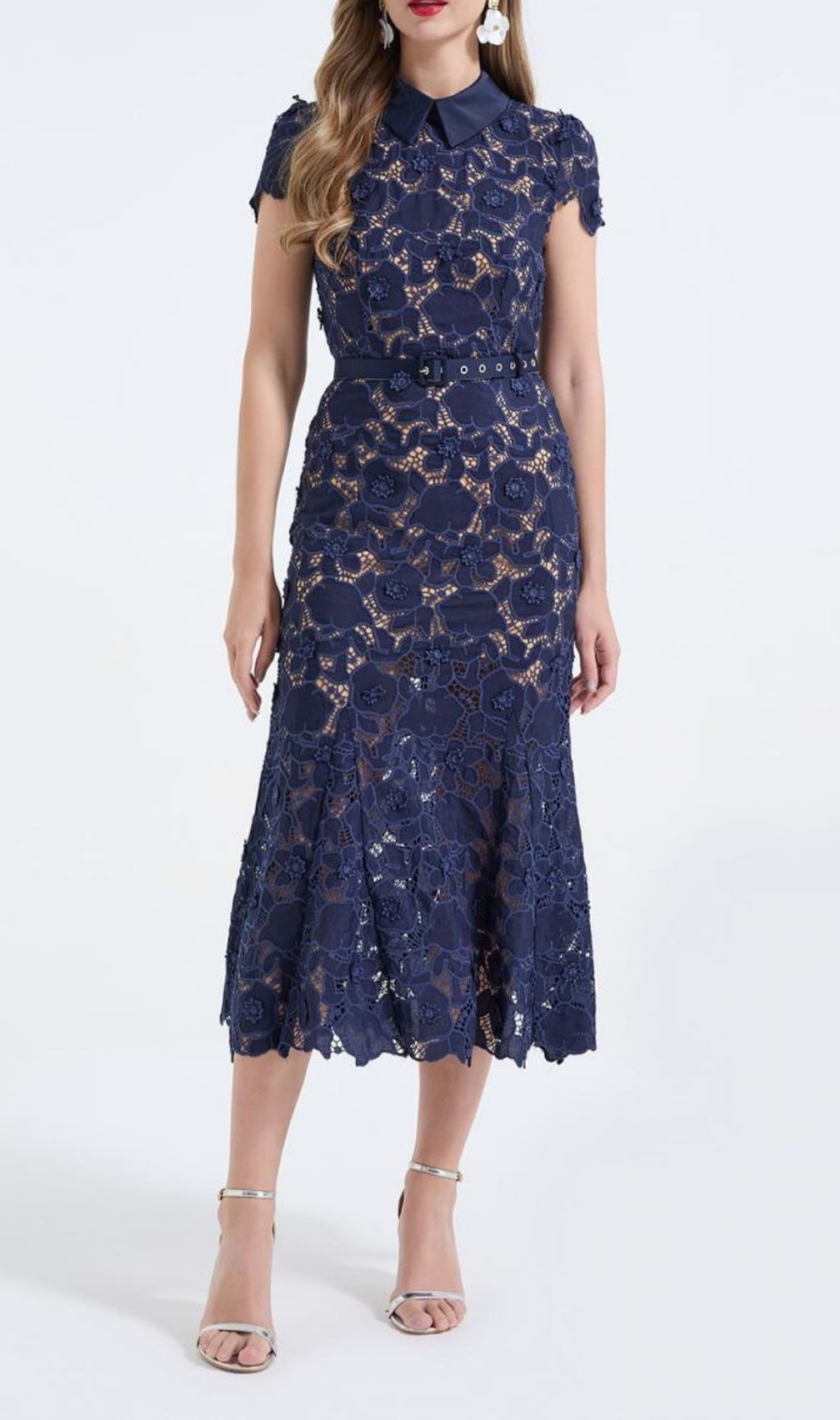 Kennita Elegant Navy Lace Midi Dress | Chic Floral Occasion Wear