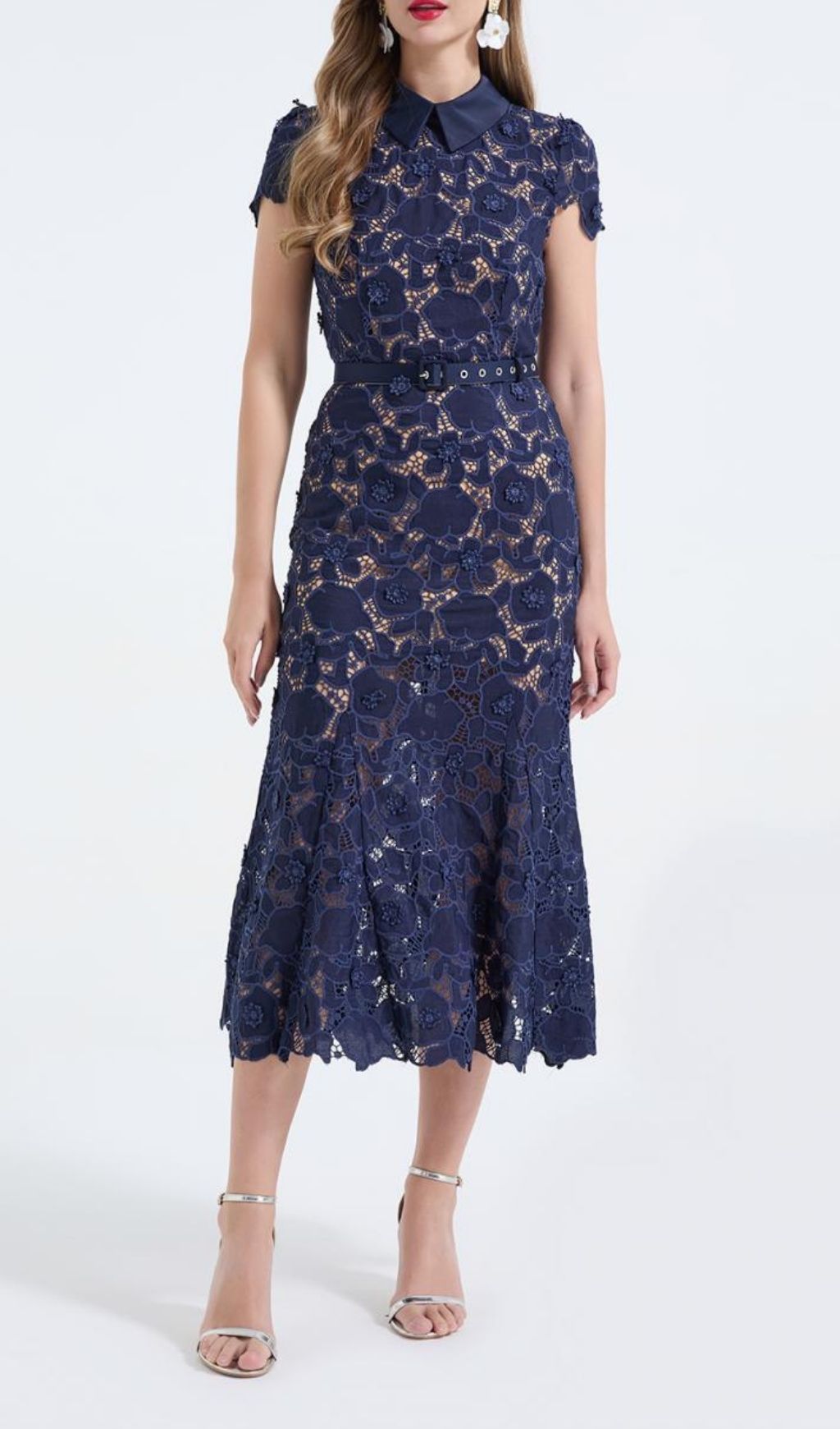 Kennita Elegant Navy Lace Midi Dress | Chic Floral Occasion Wear