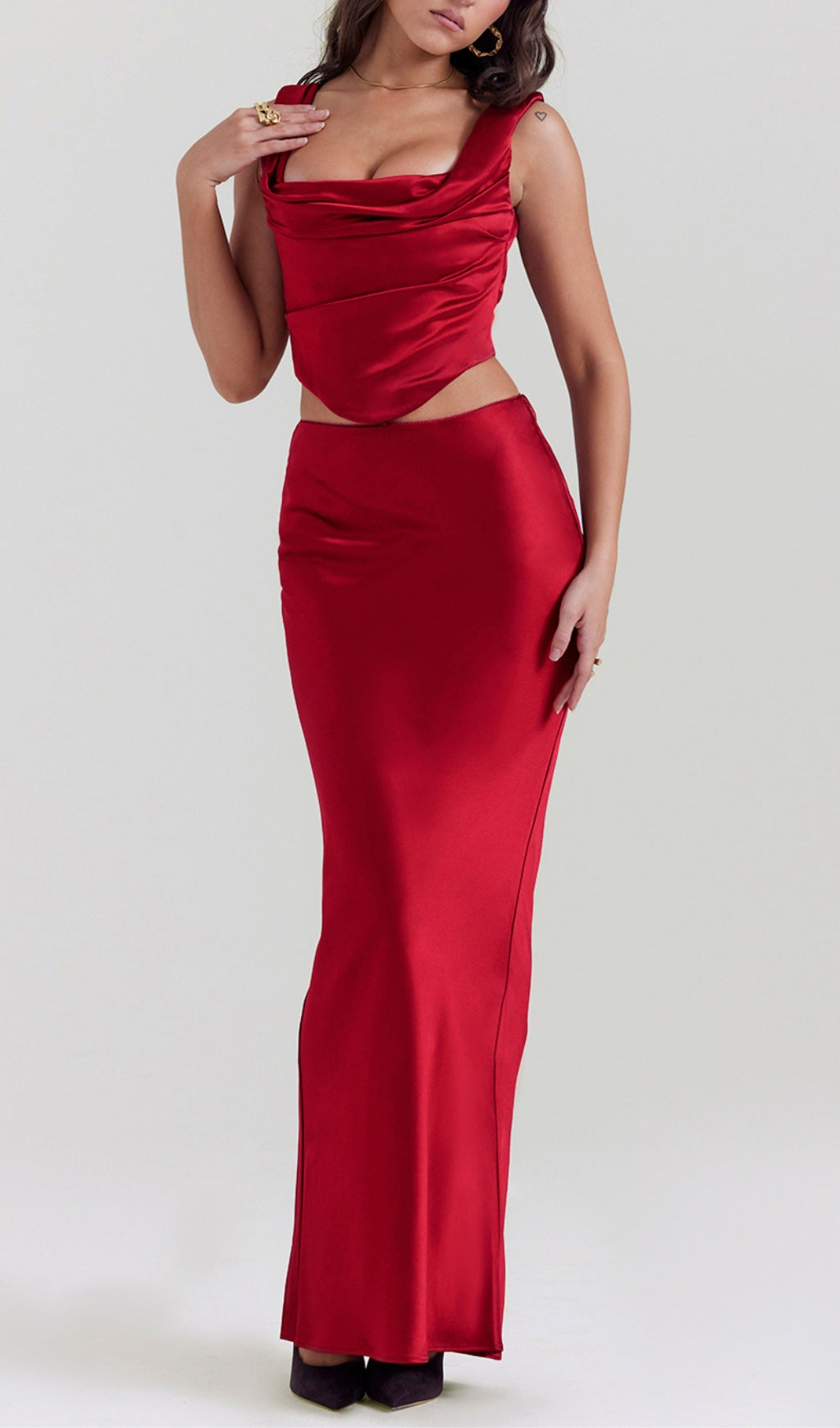 Satin Ruched Two Pieces Set In Red