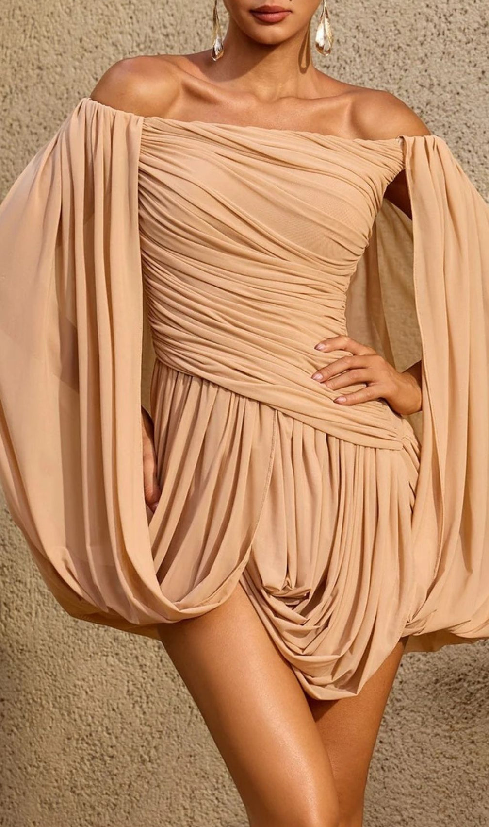 Zoryrin Off Shoulder Ruched Mini Dress In Camel