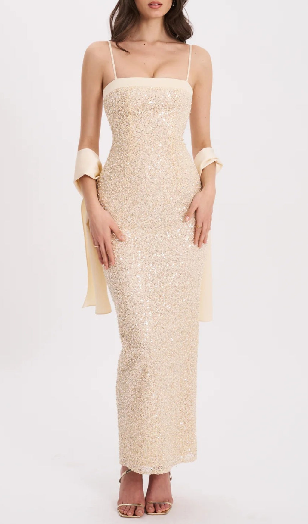 Raizel Gold Beaded Sequin Bodycon Gown with Scarf