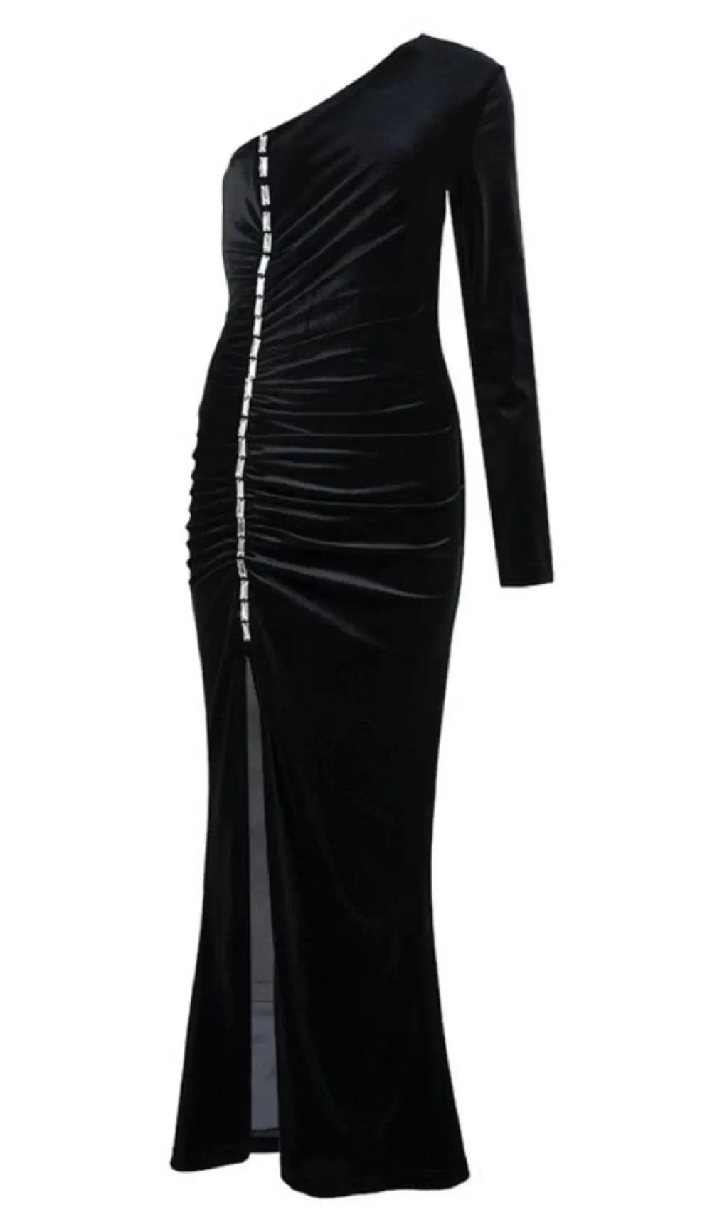 Velvet Diamond One Shoulder Split Maxi Dress In Black