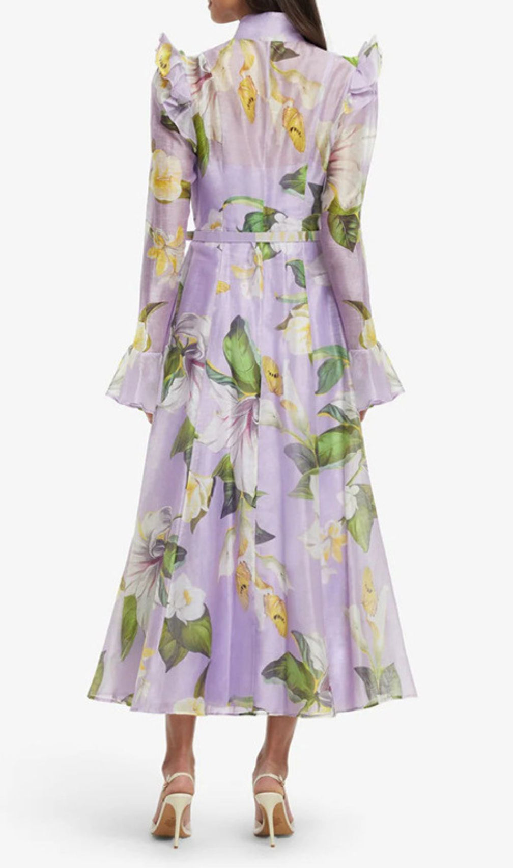 Isolda Lavender Floral Ruffled Midi Dress – Elegant Long Sleeve Button-Down