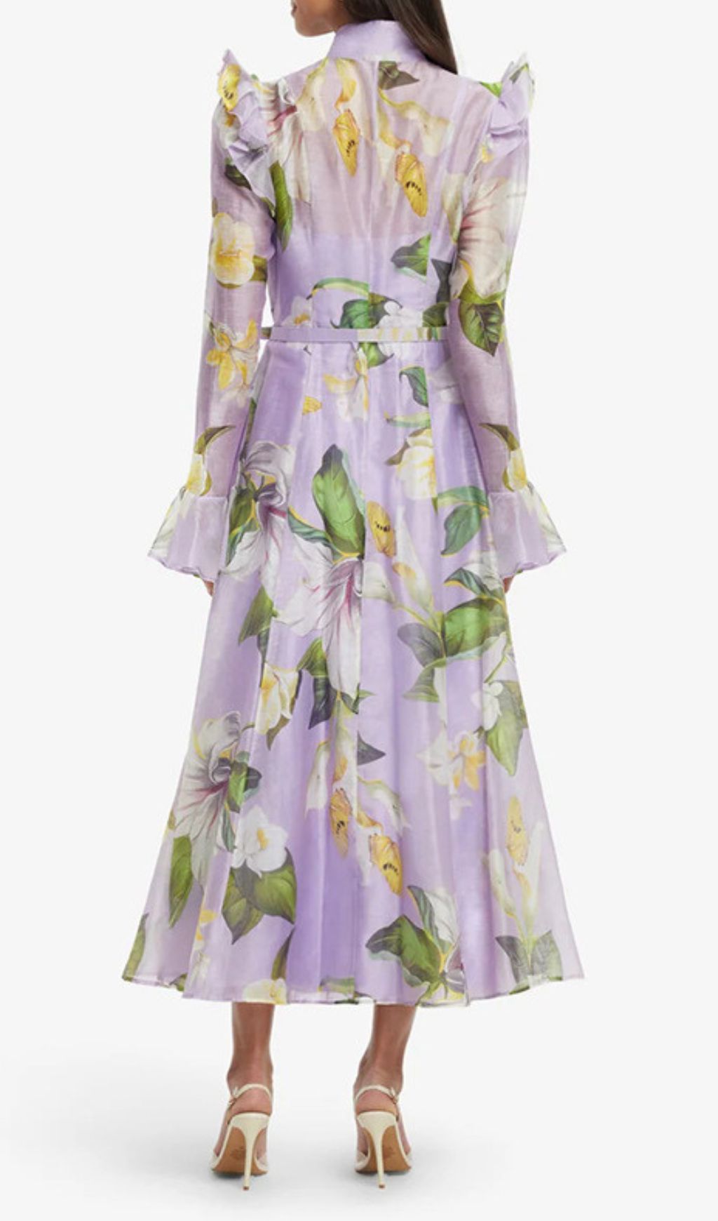 Isolda Lavender Floral Ruffled Midi Dress – Elegant Long Sleeve Button-Down