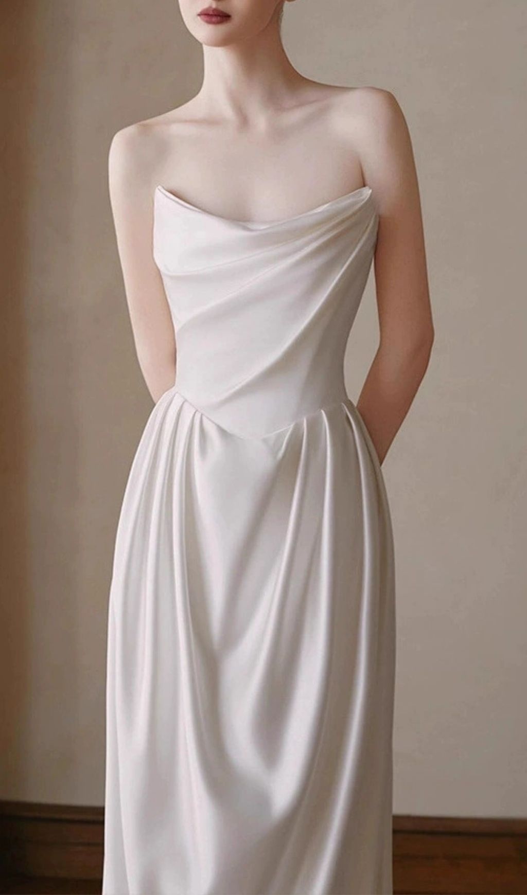 Karin White Strapless Wedding Dress - Elegant Draped Satin Bridal Gown