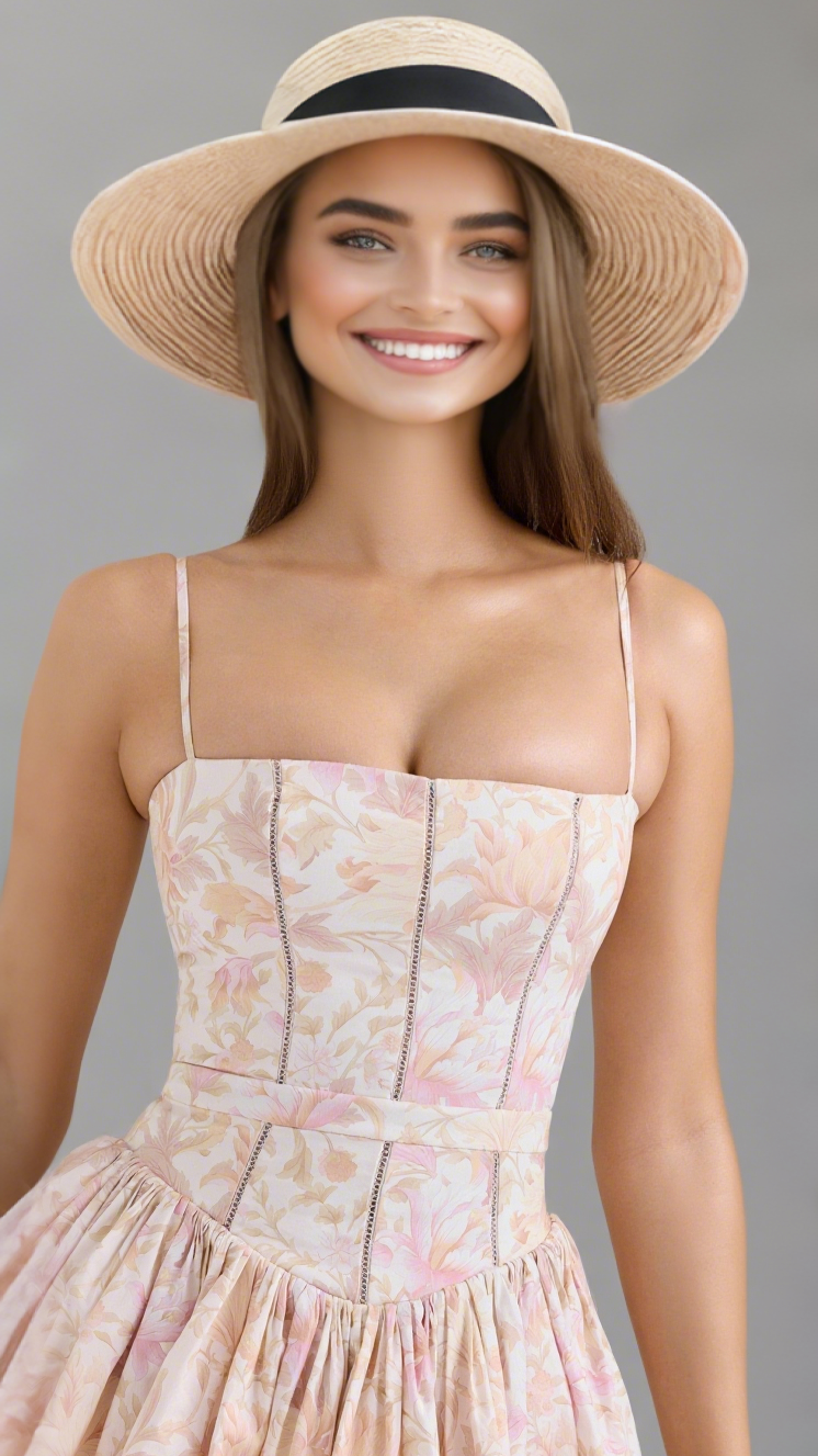 PEACH FLORAL STRETCH COTTON MINI DRESS