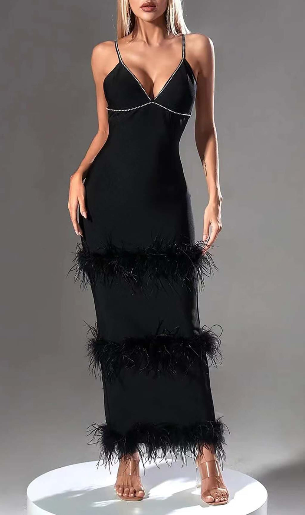 Rhinestone Tiered Feather Midi Dress In Black