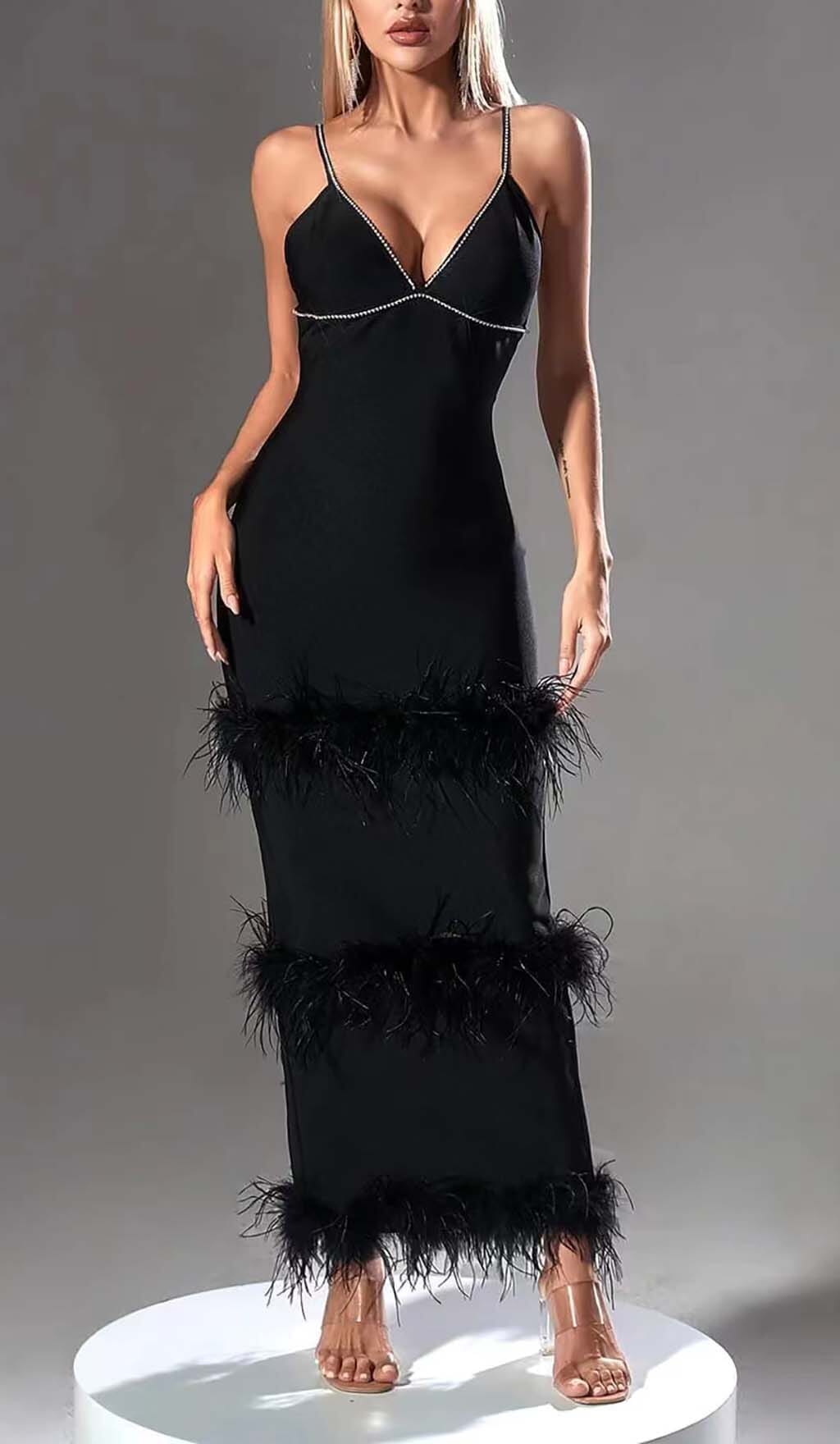 Rhinestone Tiered Feather Midi Dress In Black