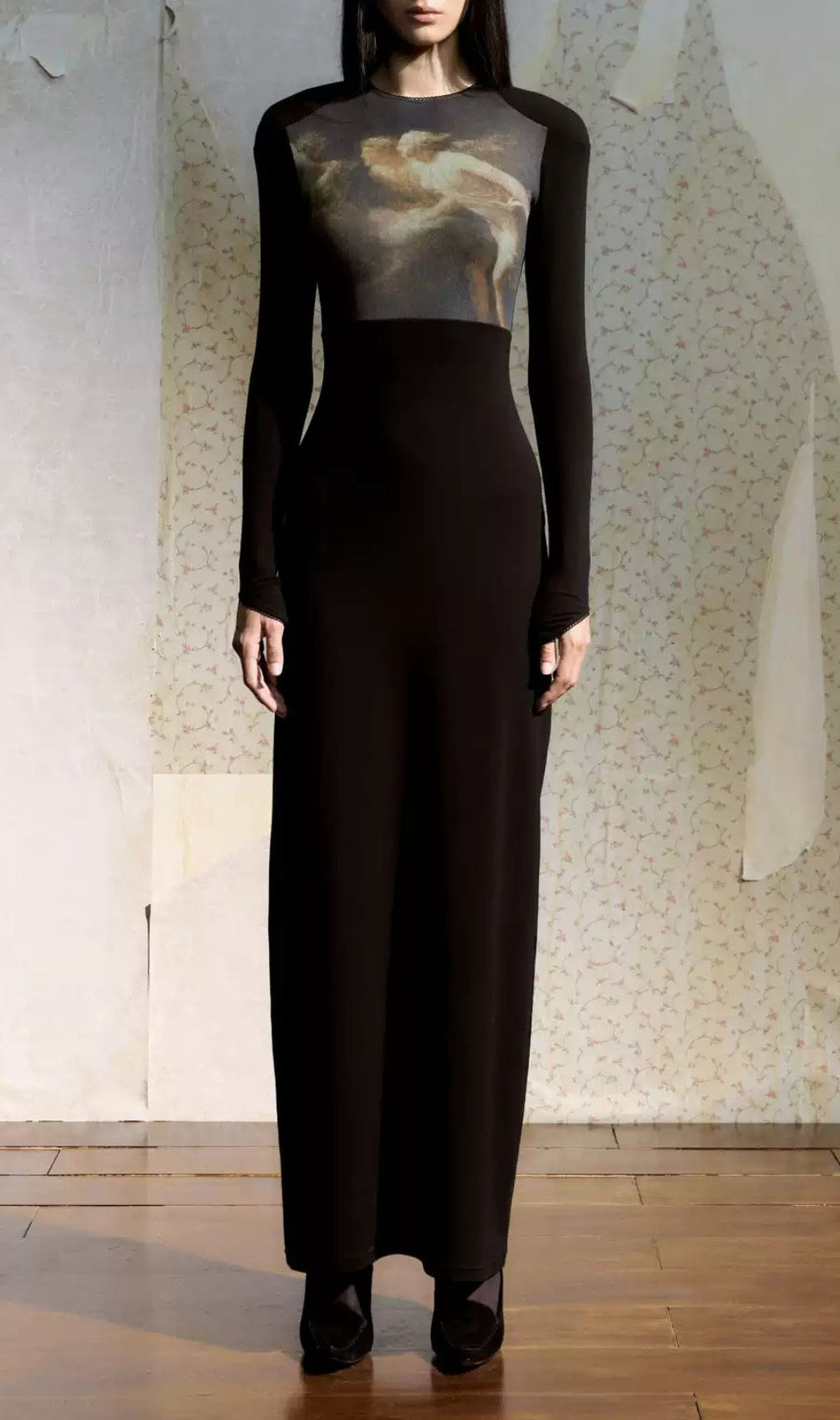 Juanita Ethereal Black Long Sleeve Maxi Dress - Art Print Bodice