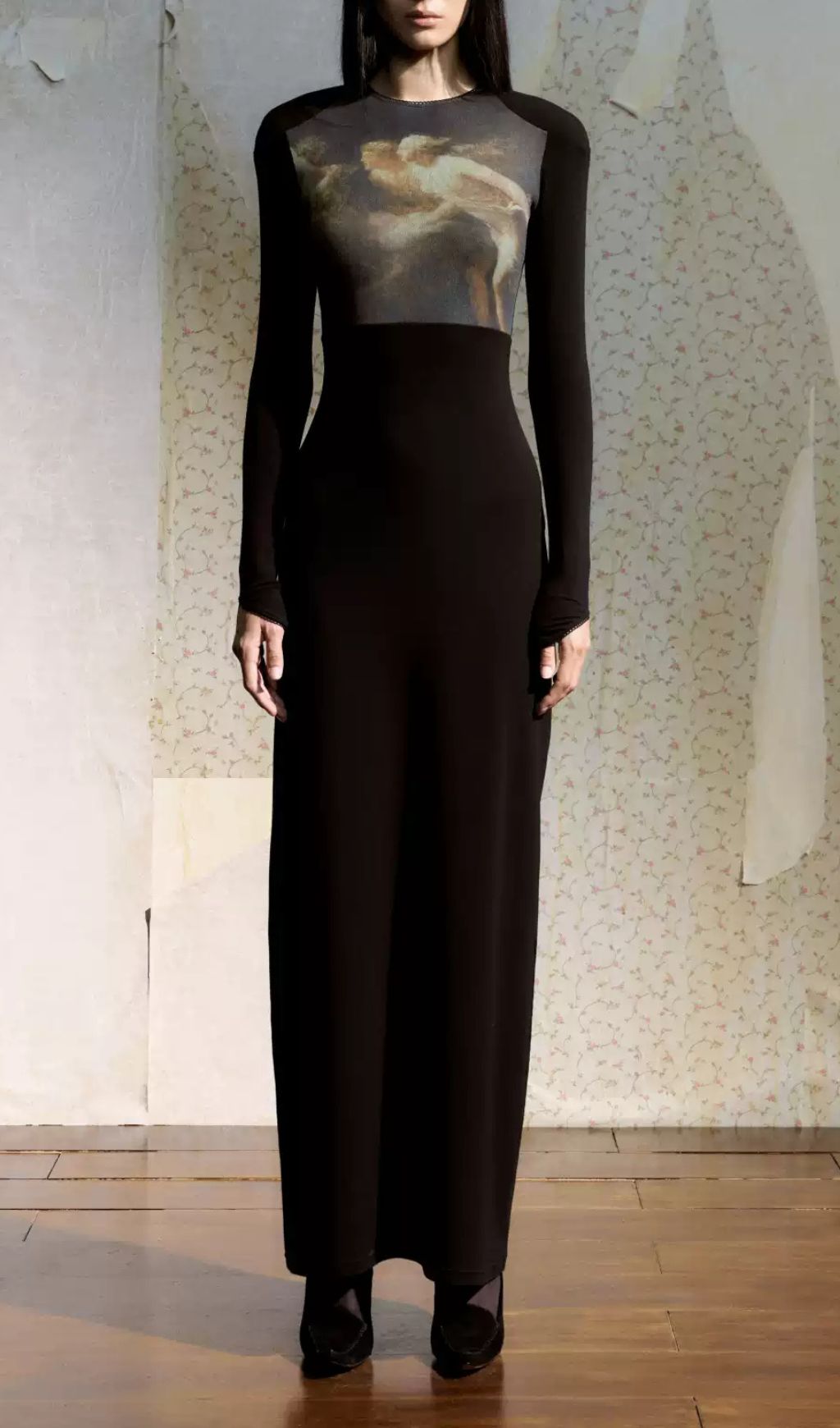 Juanita Ethereal Black Long Sleeve Maxi Dress - Art Print Bodice