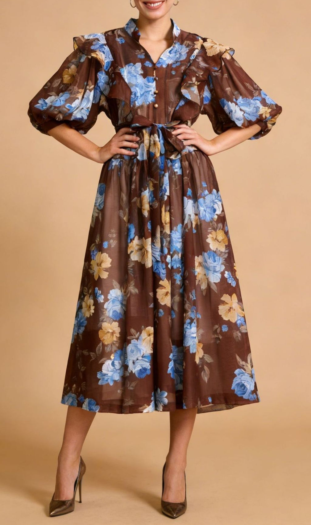 Kandace Chic Floral Puff-Sleeve Midi Dress