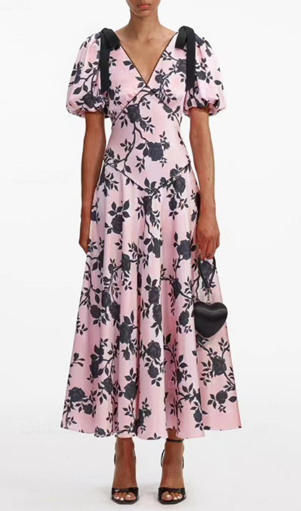Filip Pink Flower Printed V-Neck Midi Dress