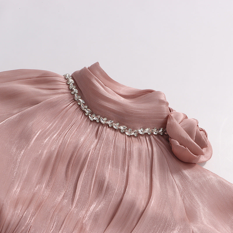 Juhani Rose Pleated Satin Maxi Dress - Elegant Long Sleeve Gown