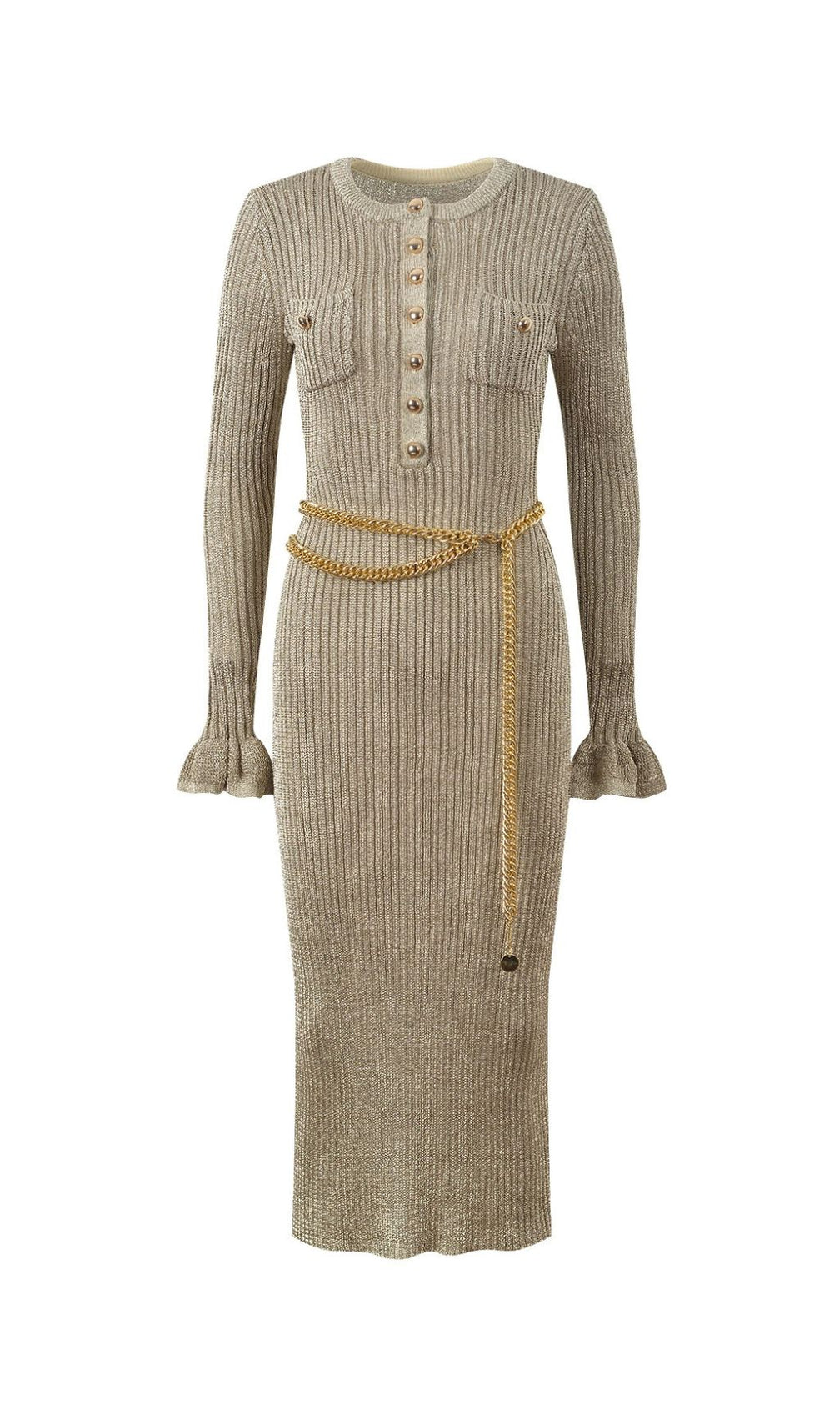 Shimmering Gold Ribbed Knit Midi Dress with Chic Chain Belt