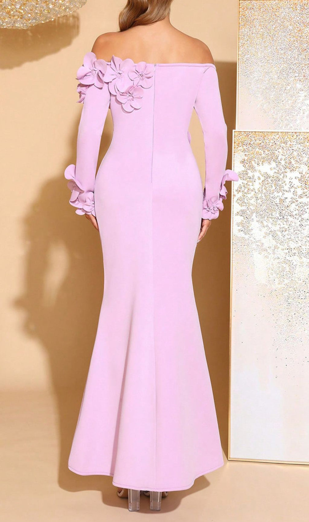 Elegant Lavender Off-Shoulder 3D Floral Mermaid Gown