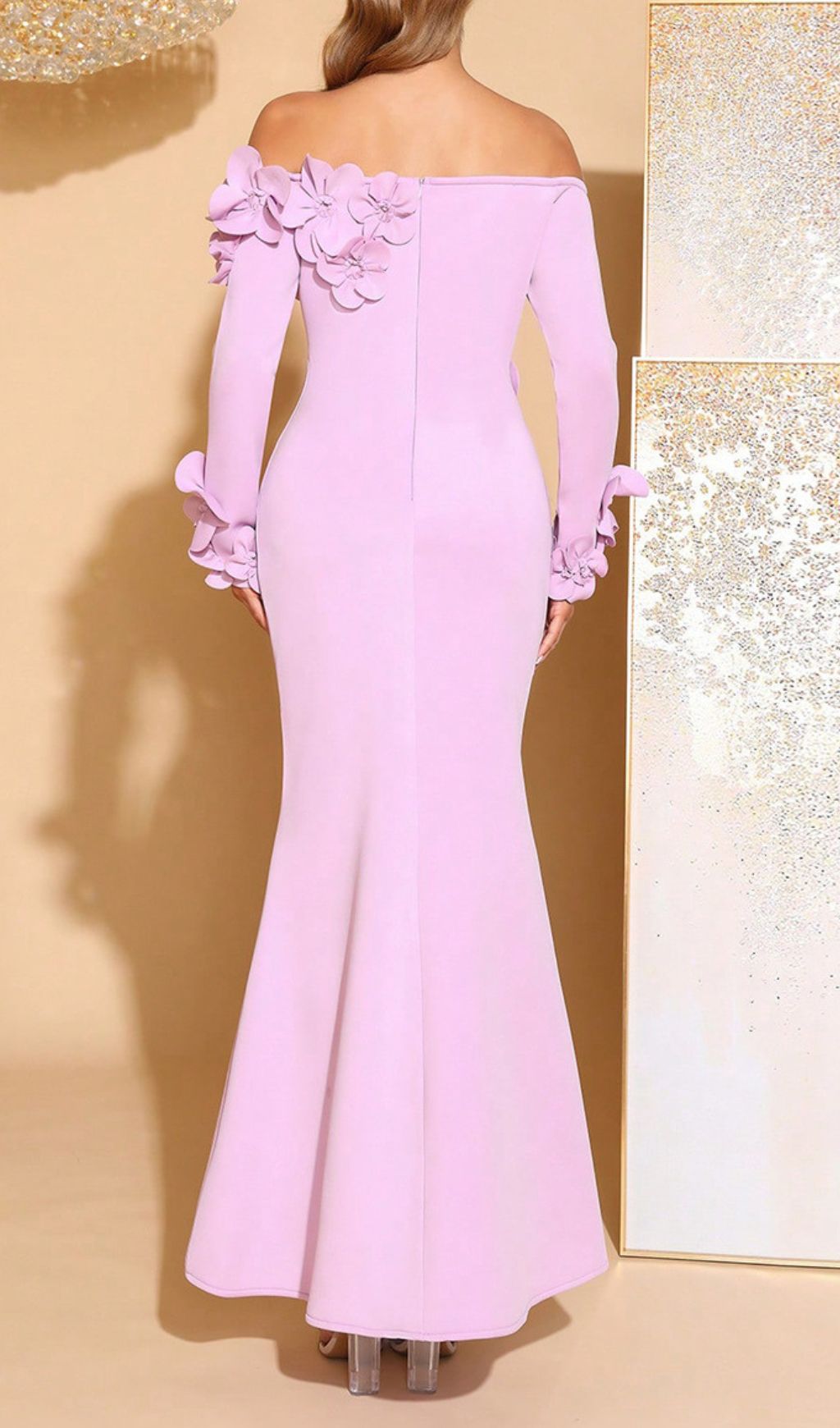 Elegant Lavender Off-Shoulder 3D Floral Mermaid Gown