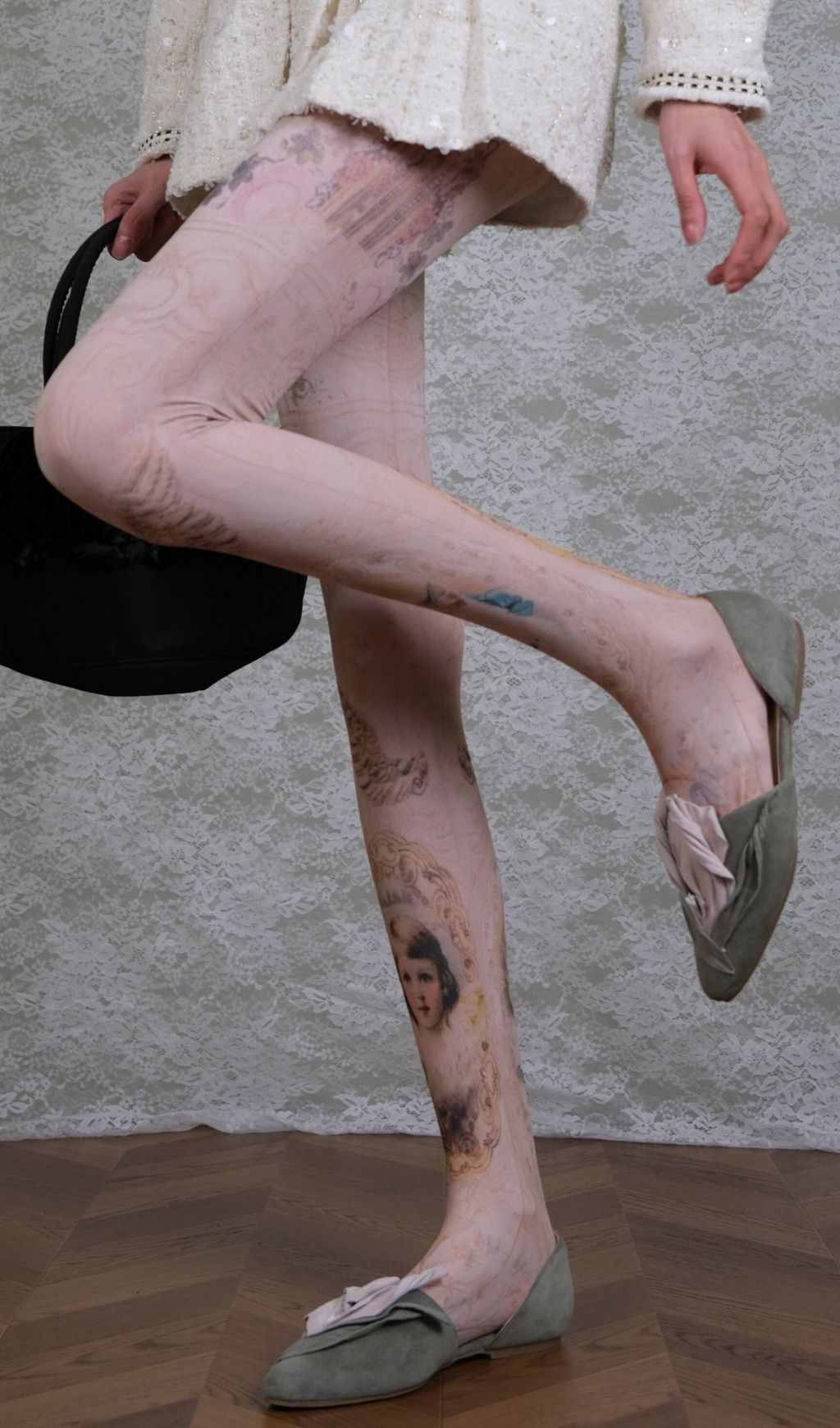 Whimsical Renaissance Portrait Tights | Angel & Cat Art Print Hosiery