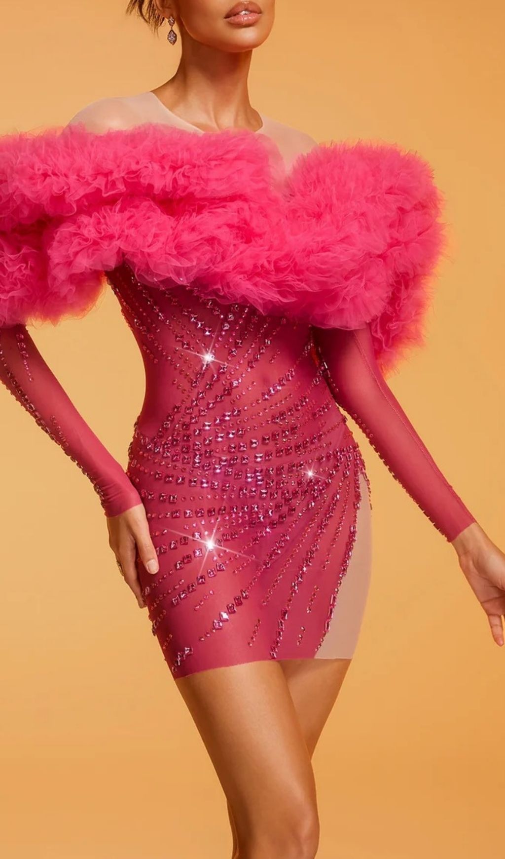 Divinia Fuchsia Ruffle Tulle & Crystal Sparkle Mini Dress