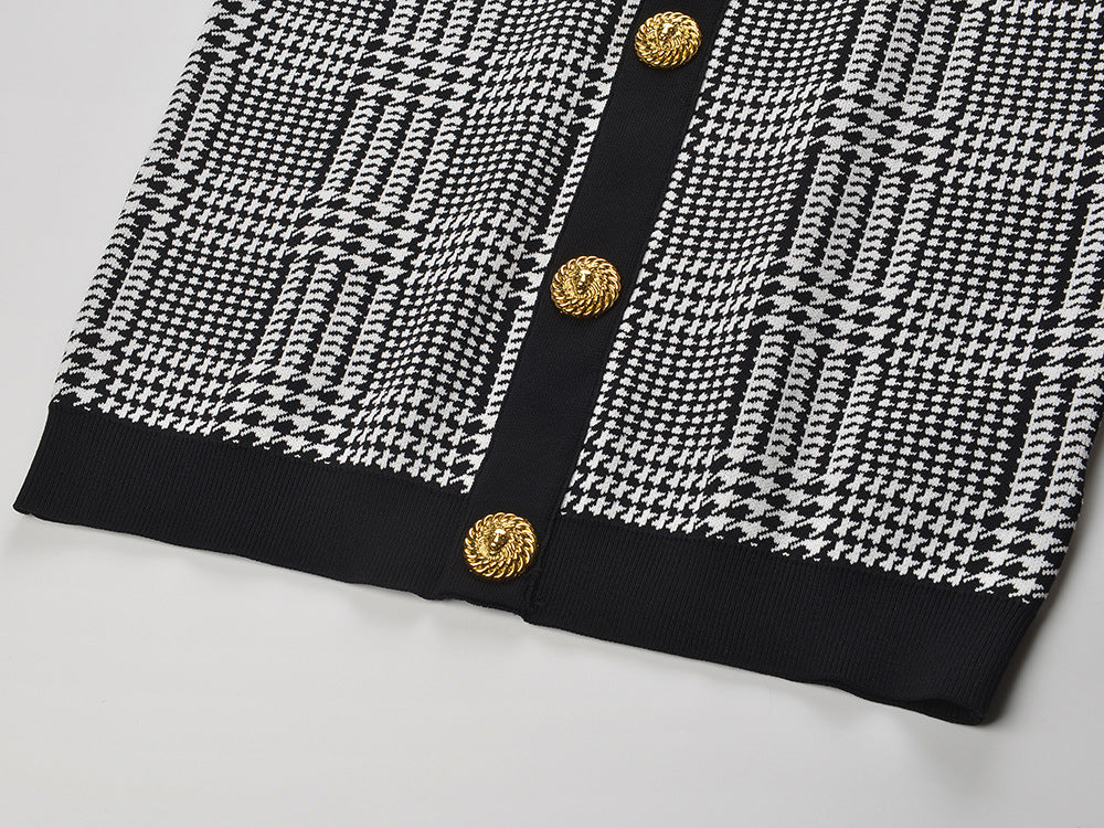 Karinda Chic Houndstooth Knit Mini Dress | Long Sleeve & Gold Buttons