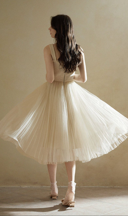 Elegant Beige Tulle Midi Dress | Sleeveless A-Line Gown for Special Occasions